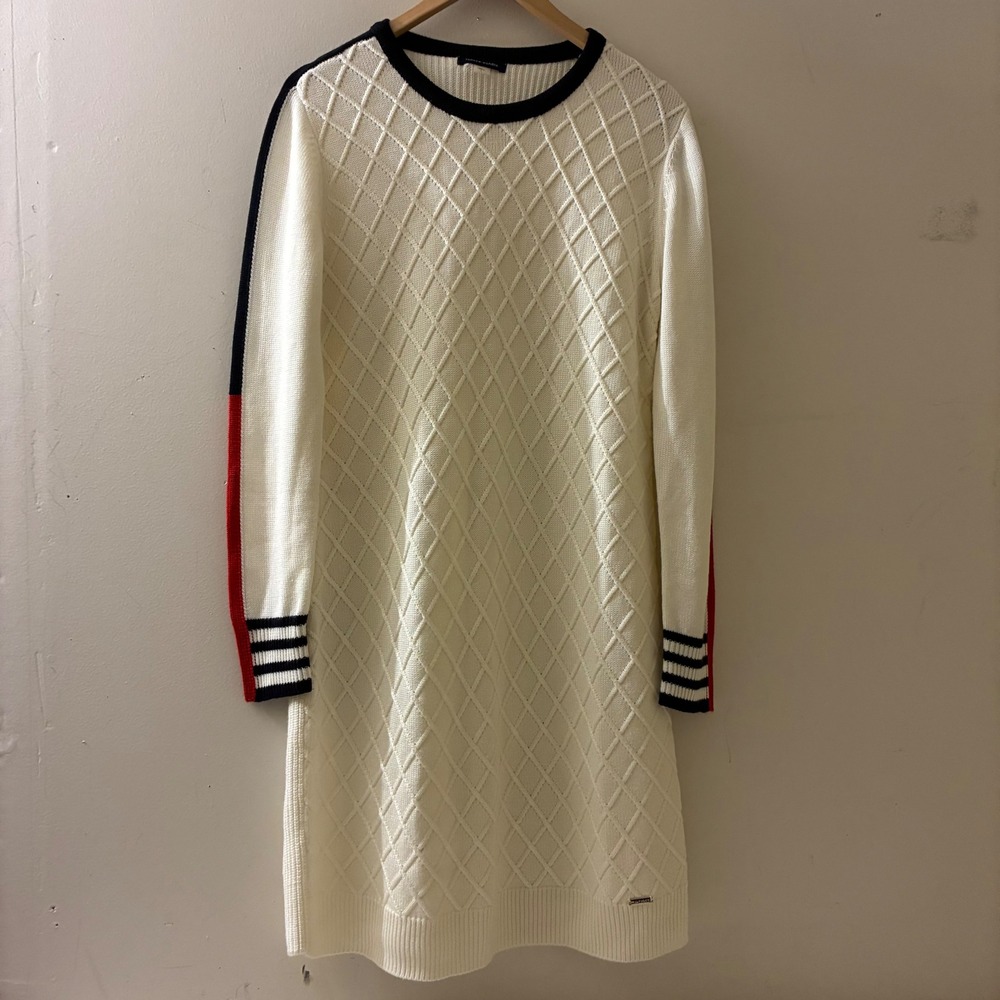 Tommy Hilfiger Womens Size Large Cream Diamond Knit Sweater Dress Casual